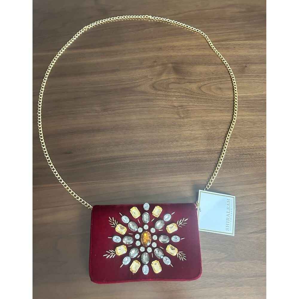 Shiraleah Burgundy Beaded Embroidered Starburst clutch Bag Gold Chain Strap new